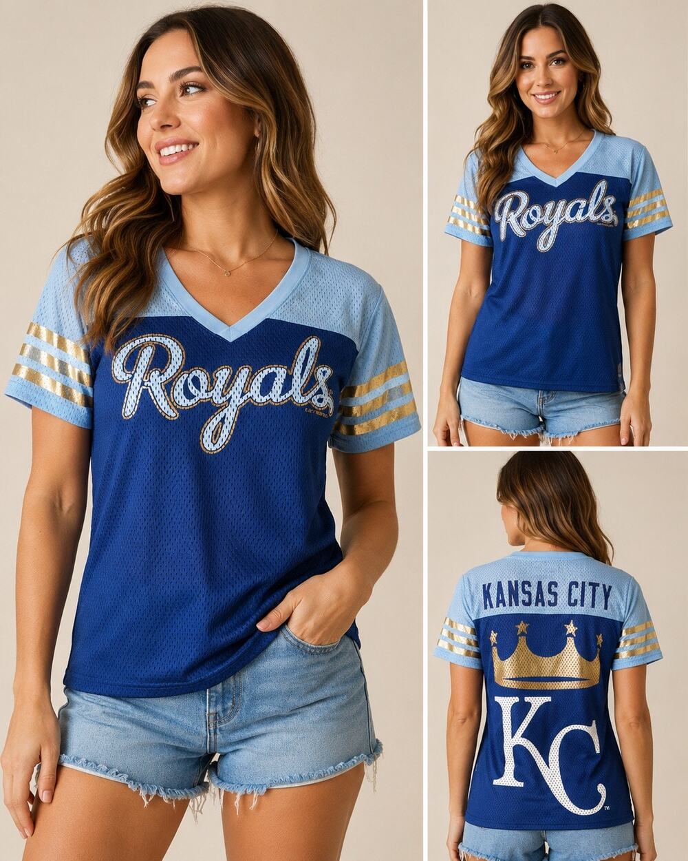 GIII 4Her Carl Banks Kansas City Royals Mesh Jersey Tee Women’s M MLB Blue Gold